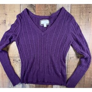 Y2K American Eagle Purple Cable Knit V Neck Sweater Women M Fits L 2000s